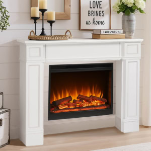 HOMEDIARY 43.3" Fireplace Mantel, Freestanding Fireplace Surround with Leg for Electric Fireplaces, MDF Mantel Surround with Shelf for Living Room with Decorative Pattern, Anti-Tipping & Waterproof