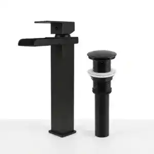 Combo grifería monocontrol cascada negro mate con push negro mate para lavamanos