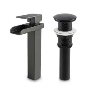 Combo grifería cascada gris monocontrol con push negro mate para lavamanos moderno