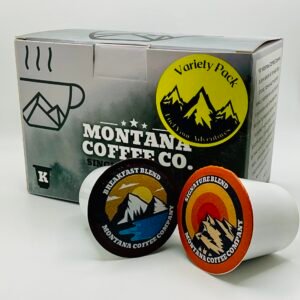 Variety Pack of K-Cups (12 Count) A 12 count box of k-cups. Beautiful foggy, forest covered mountain scene on the box and a sticker noting it is a variety pack. Two k-cups are in front of the box. One is breakfast blend and one is signature blend