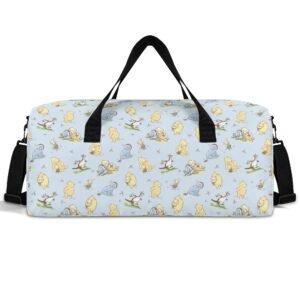 Minimalist, blue Winnie the Pooh duffle bag with black handles and shoulder strap