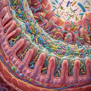 Cross-section of intestinal lining with colorful gut bacteria interacting