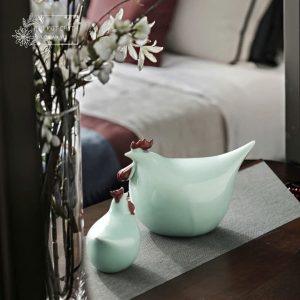 An Bình - Cặp gà gốm mẹ con màu men ngọc