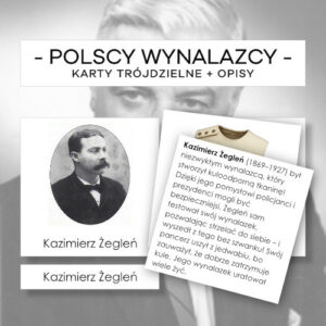 Polscy wynalazcy - karty trójdzielne 15 szt. + opisy