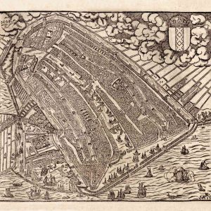 Museumkwaliteit reproductie van de historische houtsnede-kaart van Amsterdam uit 1550 in vogelvluchtperspectief