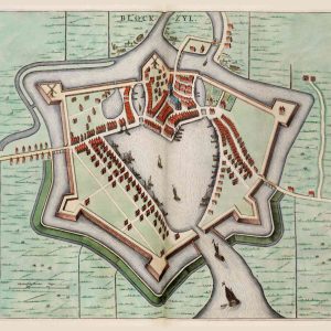 Gedetailleerde historische stadsplattegrond van Blokzijl uit 1649, vervaardigd door Joan Blaeu