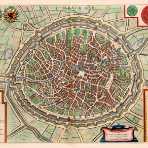 Museumkwaliteit reproductie van de historische stadsplattegrond: Oude kaart Brugge 1649 door Joan Blaeu.