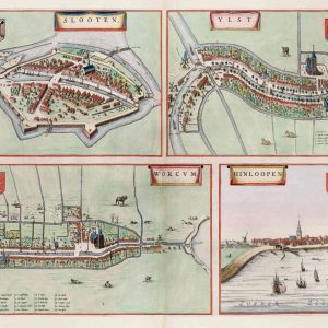 Museumkwaliteit reproductie van de historische stadsplattegronden van Sloten, IJlst, Workum en Hindeloopen uit 1649 door Joan Blaeu