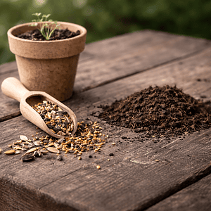 Blooming urn memorial with plant seeds and soil on a wooden table, symbolic pet cremation keepsake for honoring a beloved pet