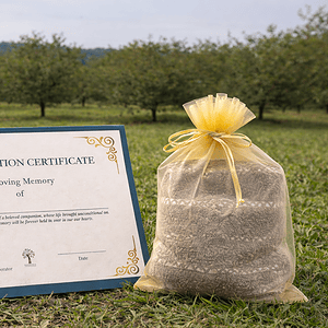 Private pet cremation image showing a peaceful family farm with a cremation certificate, representing individual care and ashes returned.