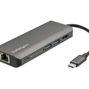 Concentrador USB-C a múltiple puertos con lector de tarjetas, adaptador de carga y conectividad para computadoras portátiles y dispositivos electrónicos.