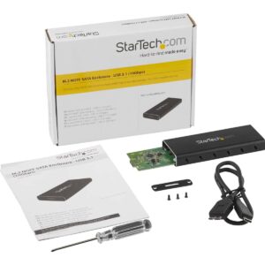 Alt: Enclosure para disco duro M.2 NGFF SATA USB 3.1, compatible con SSDs, con cables y herramientas de instalación para mejorar almacenamiento en PC y laptops.