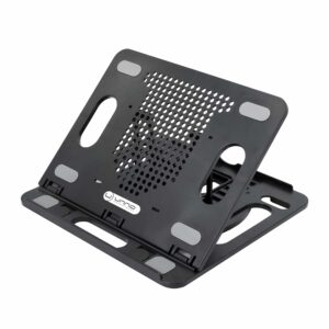 Soporte para portátil ajustable con base de ventilación y protección antideslizante, ideal para mejorar la postura y la disipación de calor durante el uso de computadoras portátiles.