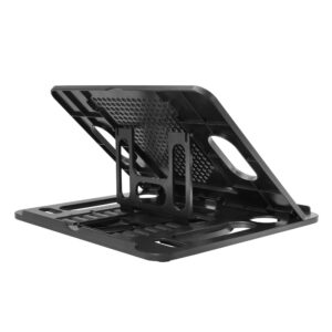 Soporte para laptops ajustable en color negro, ideal para estaciones de trabajo y gaming, con ventilación y estabilidad para un uso cómodo.