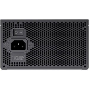 Potencia fuente de alimentación para PC con entrada de corriente y perforaciones de ventilación, compatible con circuitos de 110V-240V y 50-60Hz.