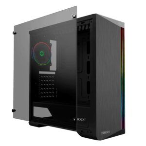 Ventilador RGB y caja para PC con cristal templado y efectos de iluminación personalizables, ideal para gaming y componentes de alto rendimiento.
