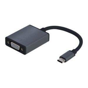 Adaptador de video USB-C a VGA para conexión de monitores y proyectores. Compatible con equipos modernos para presentar o expandir pantallas en entornos profesionales y educativos.