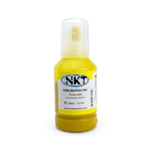 Botella de tinta de sublimación amarilla para impresoras Epson, compatible con impresoras de alta calidad y durabilidad, ideal para personalización y producción de objetos personalizados.