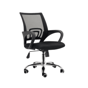 Silla ergonómica de oficina con respaldo de malla negra y base con rueda para escritorio cómodo y ajustable para computadoras.