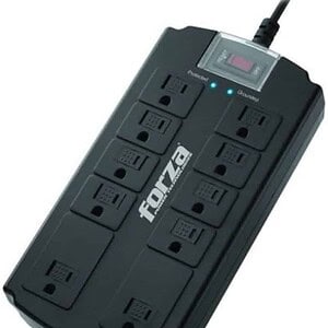 Protector de voltaje Forza FSP-10UN con capacidad de 1080 julios, compatible con voltajes de 110V y 240V, ideal para proteger equipos electrónicos sensibles contra picos de energía.