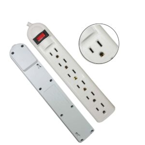 Regleta de extensión con 6 tomas de corriente, diseño compacto y seguro, ideal para conectar múltiples dispositivos electrónicos en espacios residenciales o de oficina.