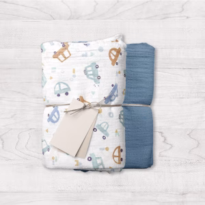 Swaddle Big aus Musselin aus Bio-Baumwolle SET 2-teilig Auto + einfarbiger Denim
