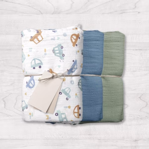 Swaddle Small aus Musselin aus Bio-Baumwolle SET 3-teilig Auto + Denim + Rosmarinfarbe