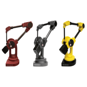 Three MicroScribe portable arms, red, grey and yellow, sitting together on a white background