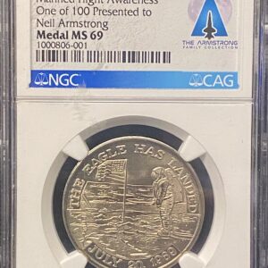 1970 Apollo 11 “Flown Metal” Manned Flight Awareness Medal – NGC MS69 (From the Armstrong Family Collection, #1 of 100 Presented to Neil Armstrong)