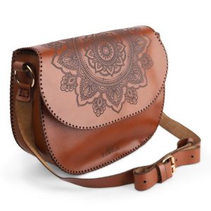 genuine leather engraved saddle bag front view