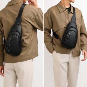 Men's black leather sling bag for casual and stylish look.