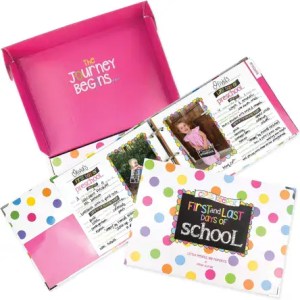 A colorful, polka-dot themed scrapbook album for documenting children's first and last days of school, perfect for preserving precious memories.