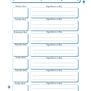 Shopping list template for weekly meal planning with designated sections for each day and ingredients to buy, featuring a clean, organized, and user-friendly design to inspire healthy eating habits, ideal for wellness and lifestyle blogs.