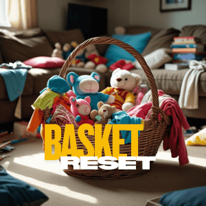 Basket Reset Soft plush toys and children's clothes in a wicker basket on a living room carpet, emphasizing childhood comfort and play.