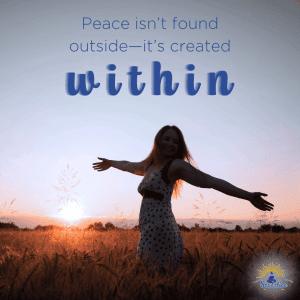 Peaceful woman enjoying sunset in a wheat field, embracing mindfulness, inner peace, and self-love at sunset, with inspirational quote about inner peace and reflection, perfect for wellness and spiritual growth.