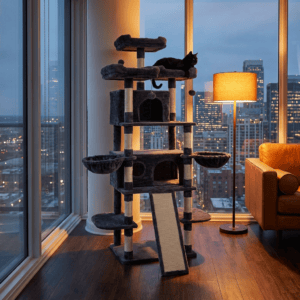 68.5-inch dark gray cat tree with black cat at dusk cityscape — Petsy designer cat furniture