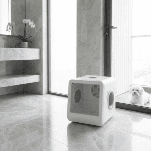Smart white pet dryer box in a luxury marble bathroom — Petsy high-end pet grooming technology