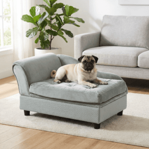 Luxury gray velvet chaise dog sofa bed with French Bulldog — Petsy premium pet furniture