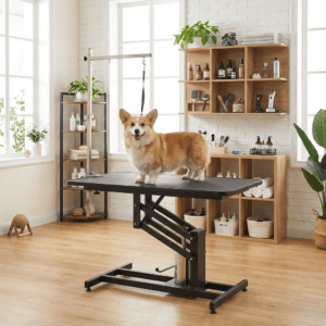 Professional adjustable pet grooming table in a bright home studio — Petsy grooming essentials