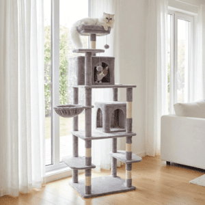 68.5-inch light gray cat tree with two cats in a bright Scandinavian living room — Petsy