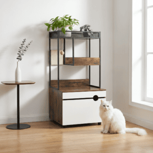 Modern white 2-in-1 cat furniture and smart litter box cabinet in a minimalist living room — Petsy luxury pet living