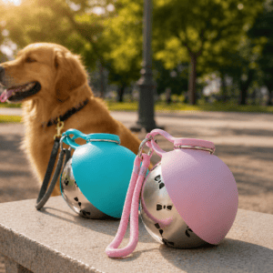 Premium pet travel water bottles in pastel pink and teal resting on a stone bench in a sunlit park, with a relaxed golden retriever in the background.