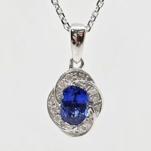 14k .56ct Blue Sapphire with Floral Diamond Halo Necklace