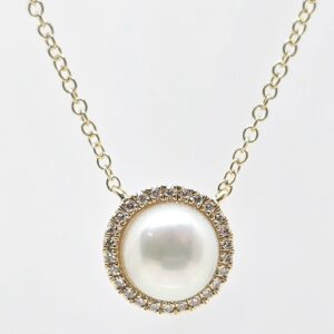 14k 6-7mm Pearl With Diamond Halo Necklace