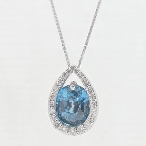 Custom 14k 6.79ct Blue Zircon and Diamond Necklace