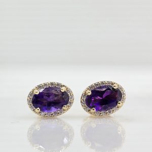 14k .88ctw Amethyst and Diamond Halo Earrings