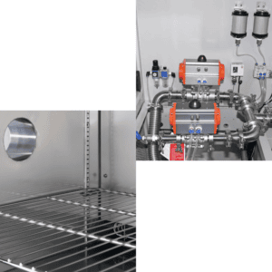 Inside view of a high altitude test chamber showing shelves and control valves 
