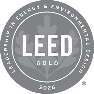 LEED Gold 2026 certification mark for The Inn at Dayton and Merchant Block.