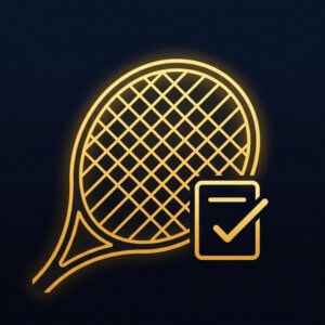 App-Icon für das train@game Bespannungs-Tagebuch: Gold leuchtender Tennisschläger mit einem Klemmbrett-Symbol und Häkchen auf dunkelblauem Hintergrund.