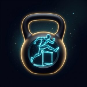 App-Icon train@game Fitness-Challenge & Leichtathletik: Leuchtende Kettlebell mit Hürdenläufer-Silhouette für den Sportunterricht